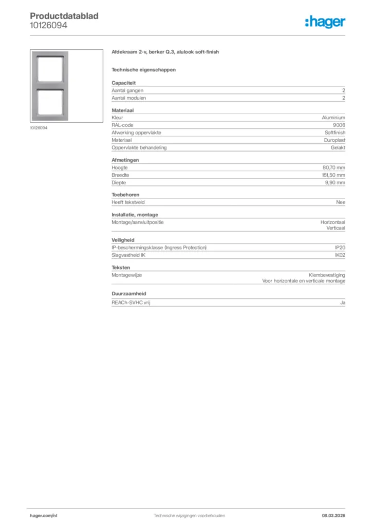 Afbeelding Hager Productdatablad 10126094 | Hager Nederland