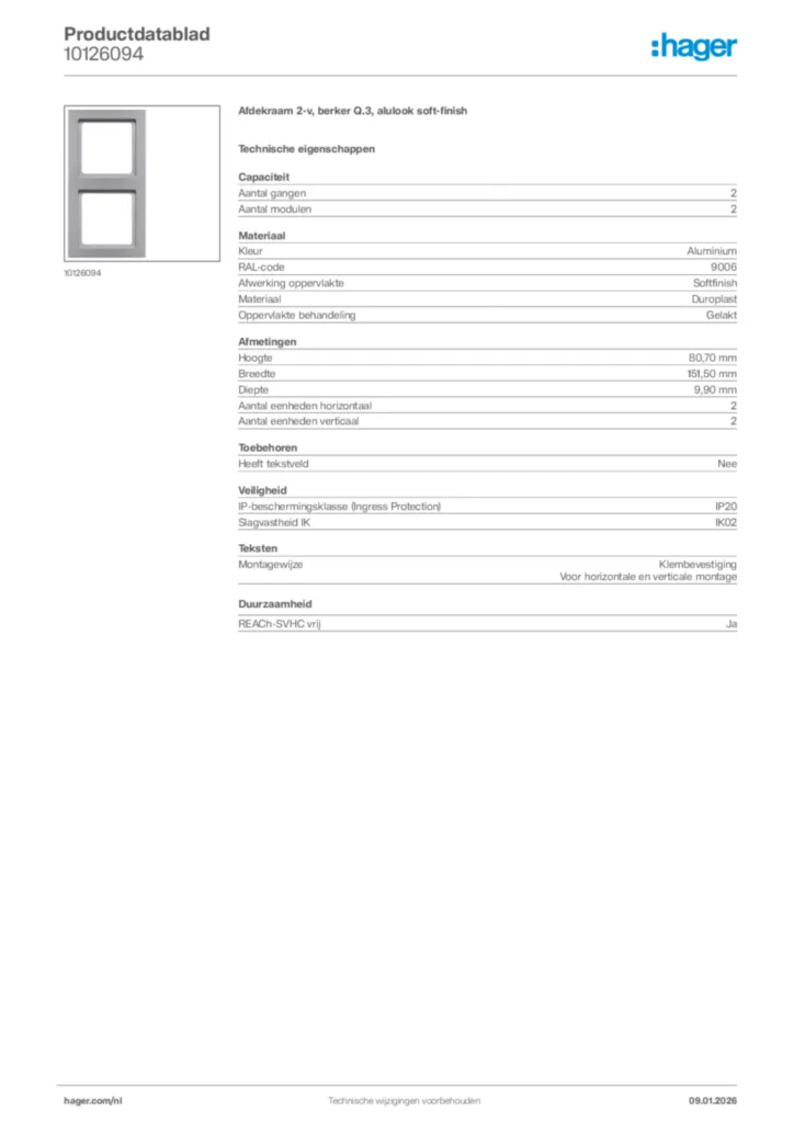Afbeelding Hager Productdatablad 10126094 | Hager Nederland
