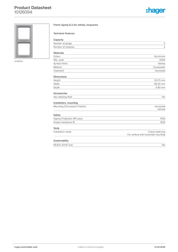 Image Hager Product data sheet 10126094  | Hager