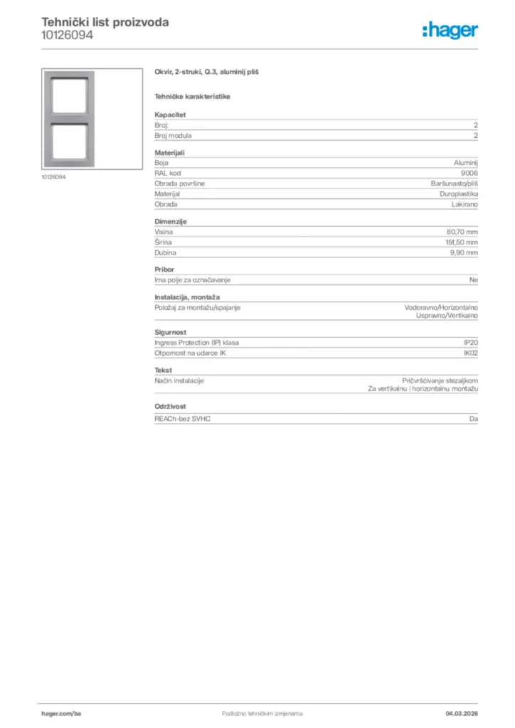 Slika Hager Tehnički list proizvoda 10126094  | Hager