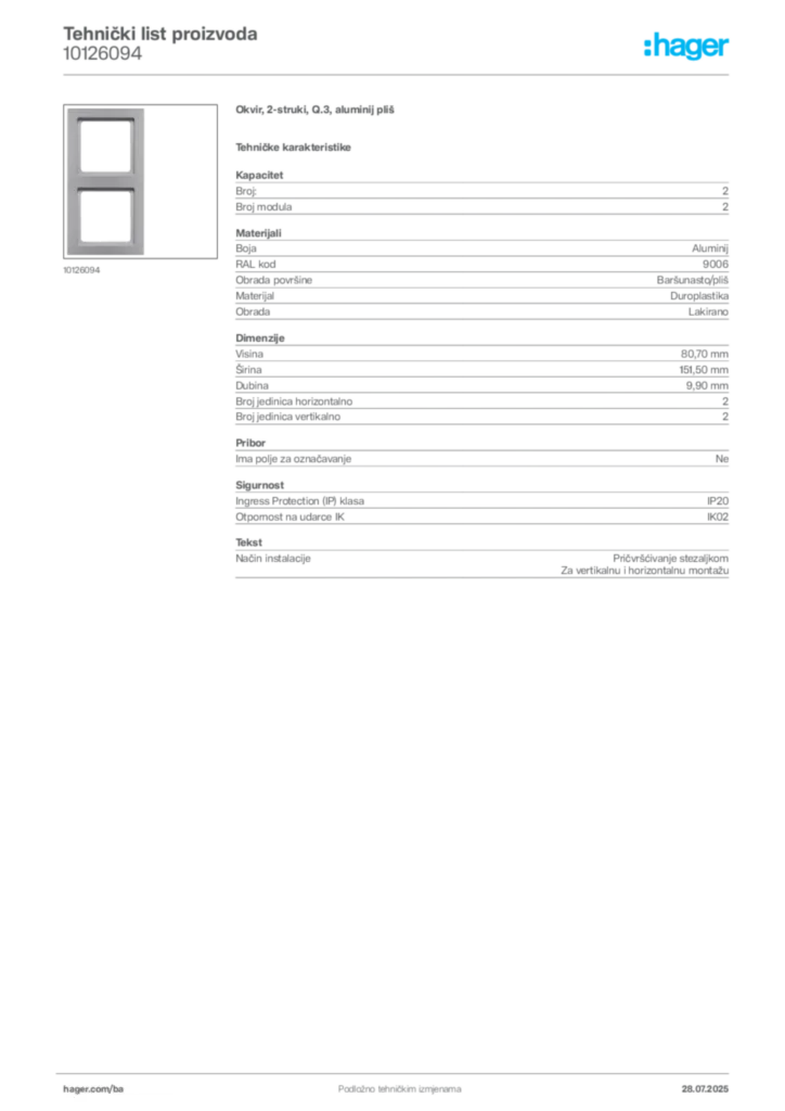 Slika Hager Product data sheet 10126094  | Hager