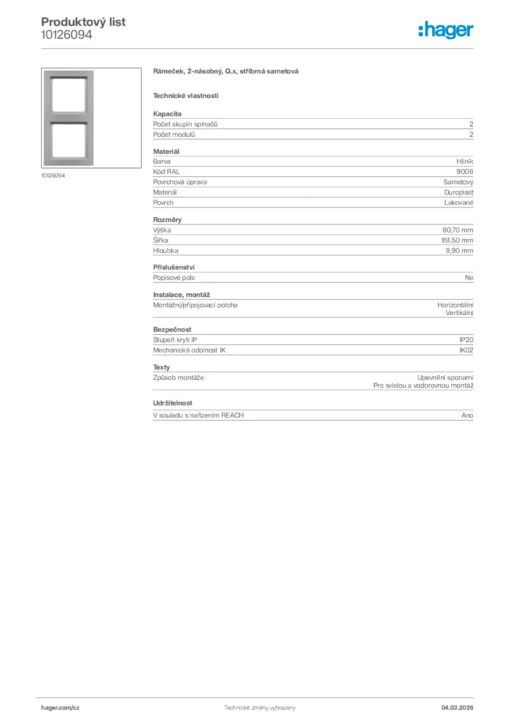 Obrázek Hager Product data sheet 10126094 | Hager