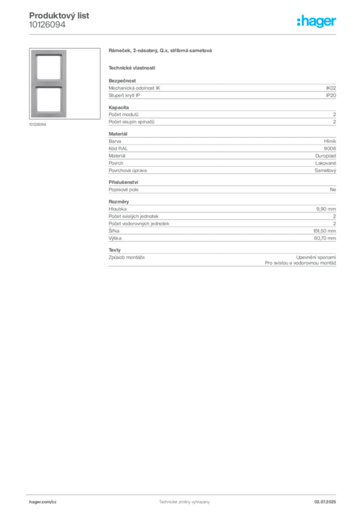 Obrázek Hager Produktový list 10126094 | Hager
