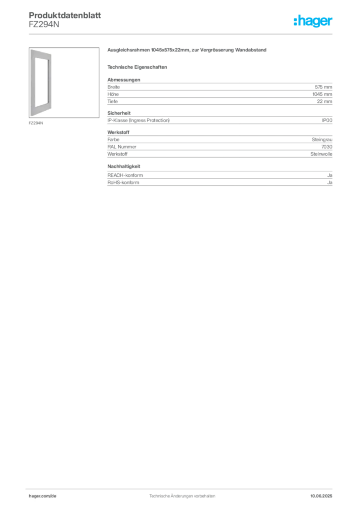 Bild Hager Produktdatenblatt FZ294N | Hager Deutschland
