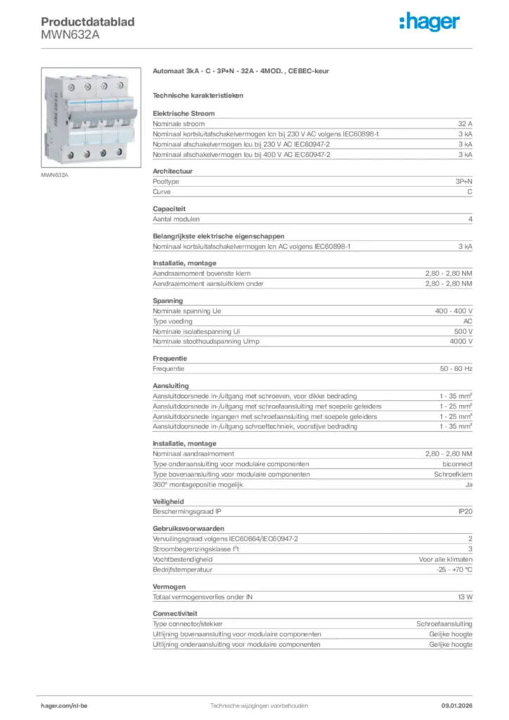 Afbeelding Hager Productdatablad MWN632A | Hager Belgium