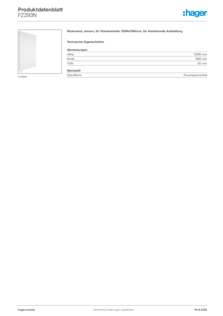 Bild Hager Produktdatenblatt FZ293N | Hager Deutschland