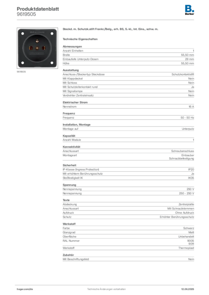 Bild Berker Produktdatenblatt 9619505 | Hager Deutschland