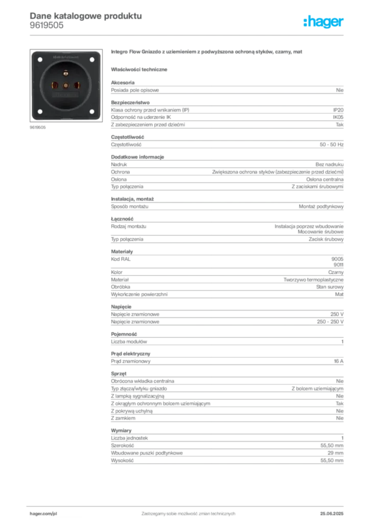 Zdjęcie Hager Karta katalogowa 9619505 | Hager Polska
