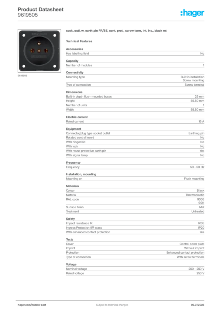 Image Hager Product data sheet 9619505  | Hager