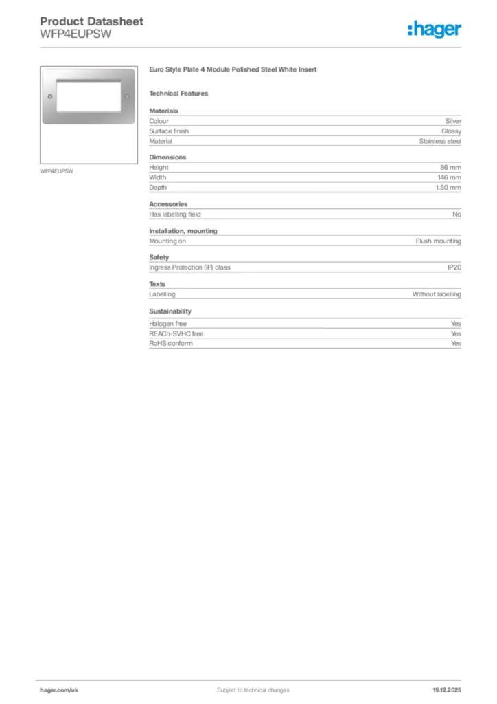 Image Hager Product data sheet WFP4EUPSW  | Hager