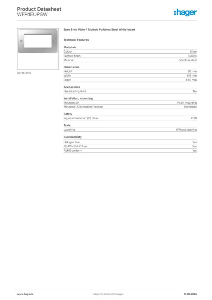 Image Hager Product data sheet WFP4EUPSW  | Hager