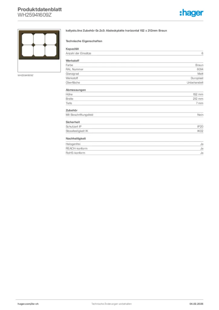 Bild Hager Produktdatenblatt WH25941609Z | Hager Schweiz