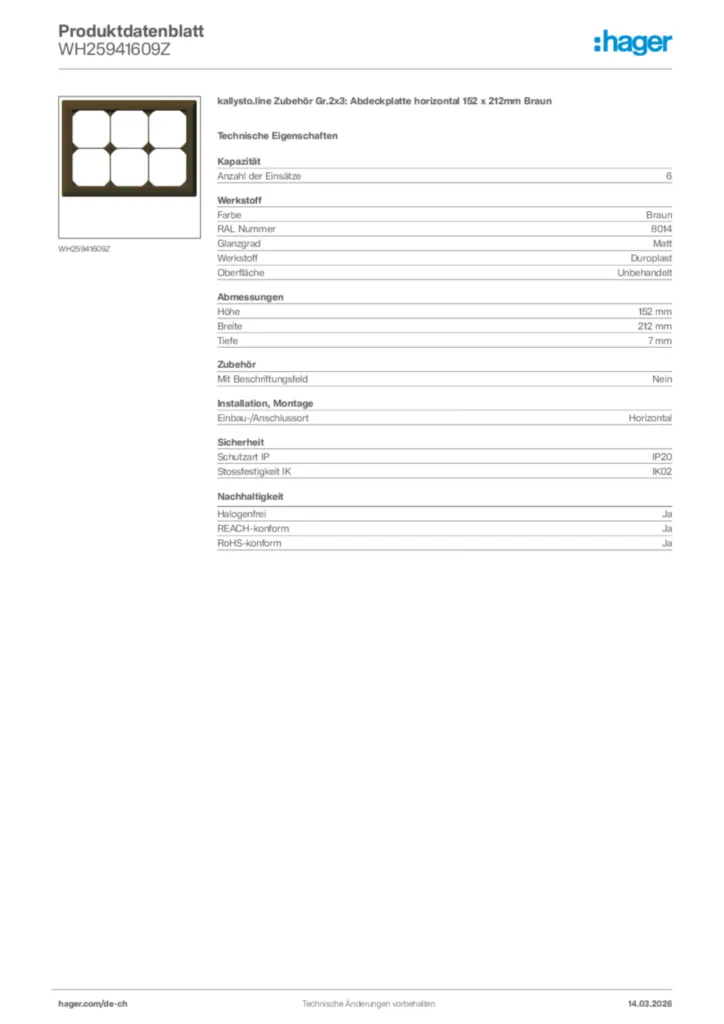 Bild Hager Produktdatenblatt WH25941609Z | Hager Schweiz