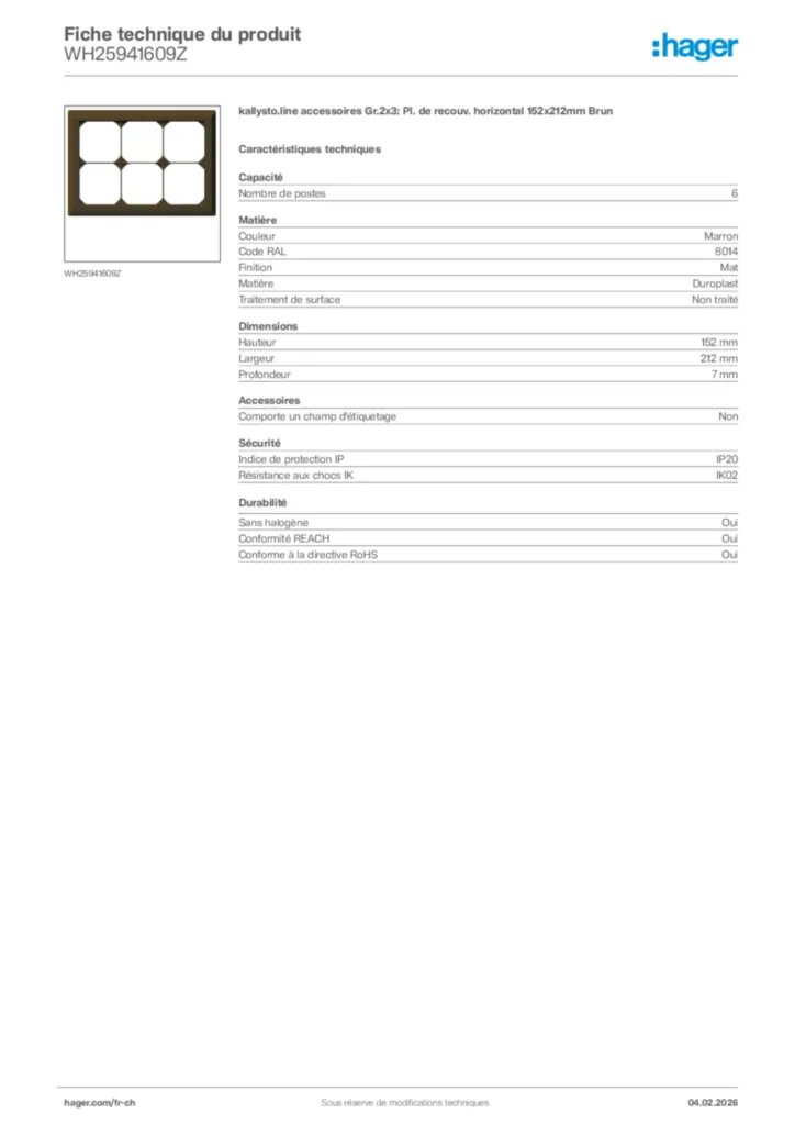 Image Hager Fiche technique du produit WH25941609Z | Hager Suisse