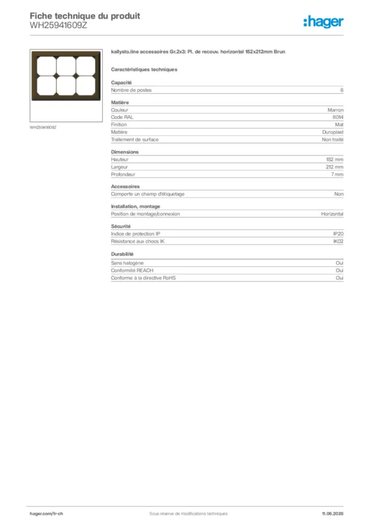Image Hager Fiche technique du produit WH25941609Z | Hager Suisse