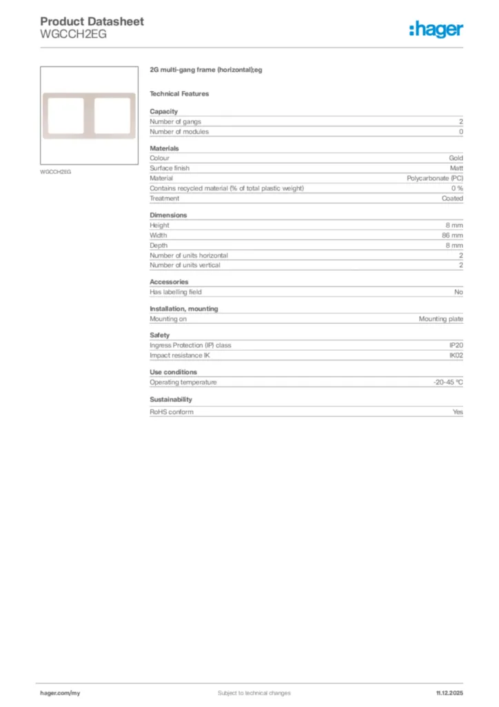 Image Hager Product data sheet WGCCH2EG  | Hager