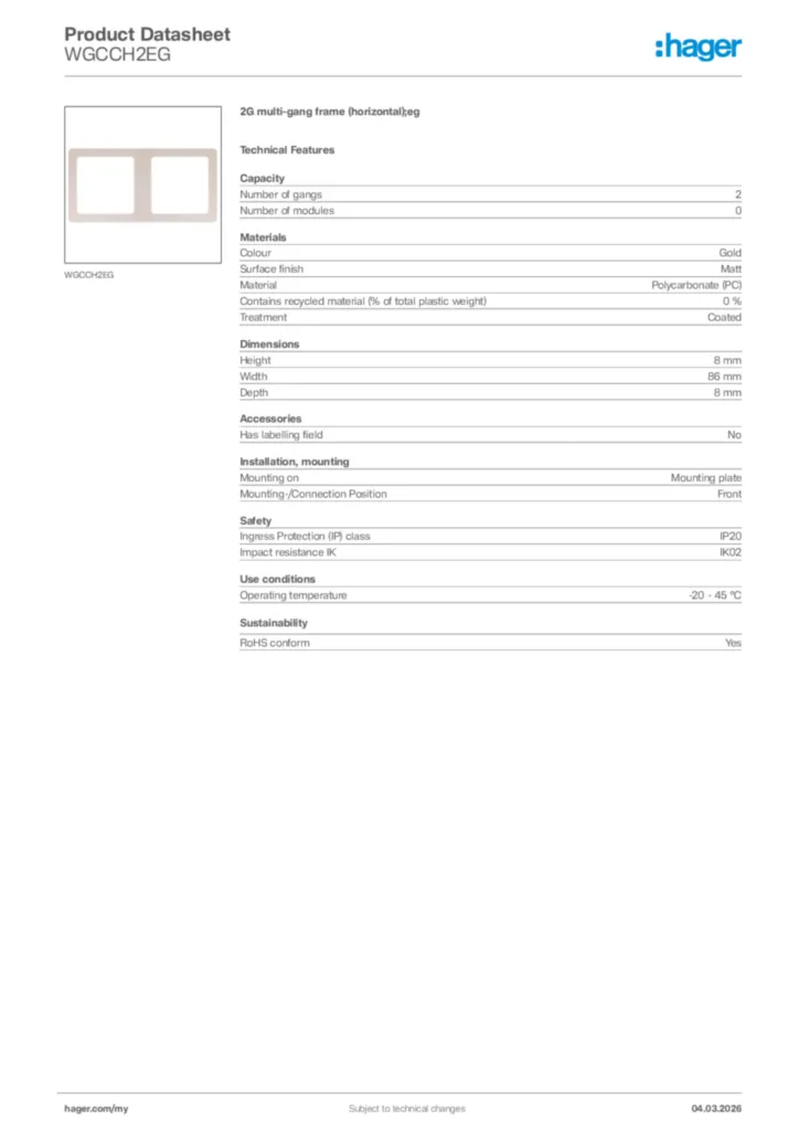 Image Hager Product data sheet WGCCH2EG  | Hager