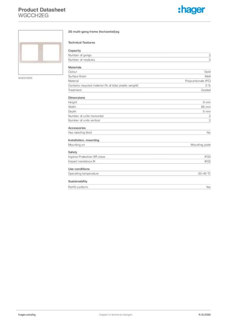 Image Hager Product data sheet WGCCH2EG  | Hager