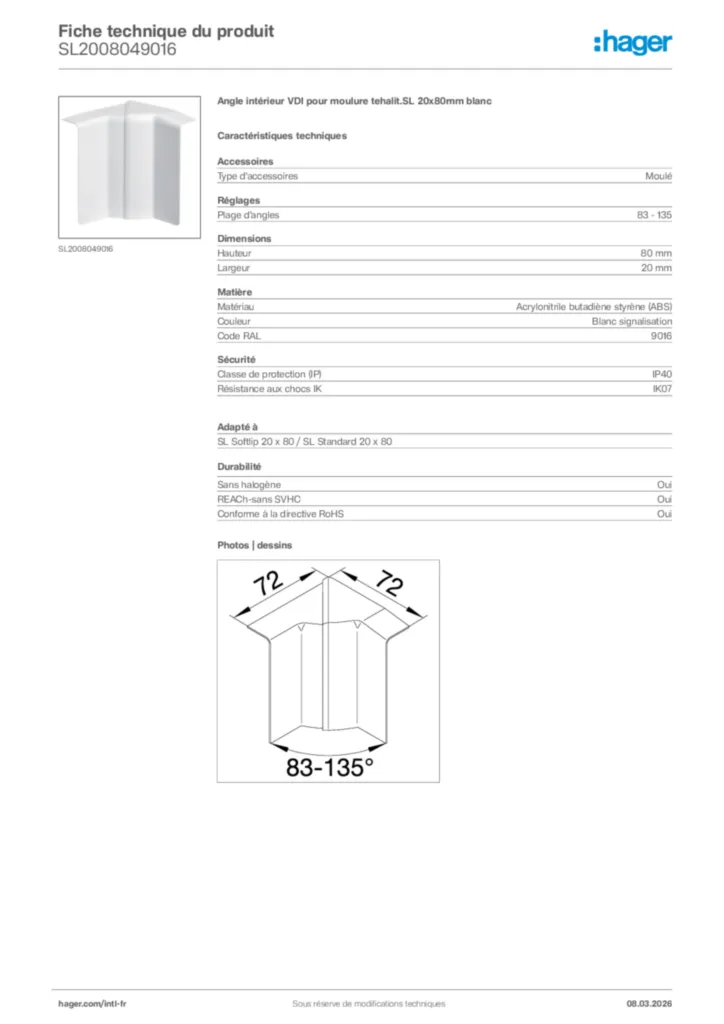 Image Hager Fiche technique du produit SL2008049016 | Hager Afrique