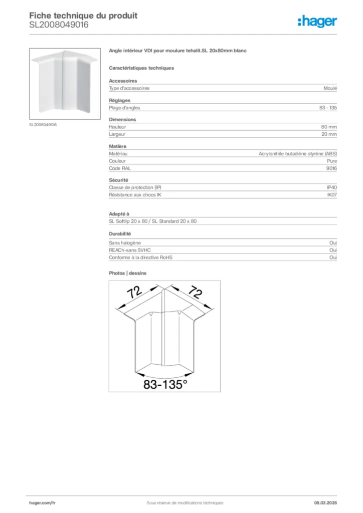 Image Hager Fiche technique du produit SL2008049016 | Hager France
