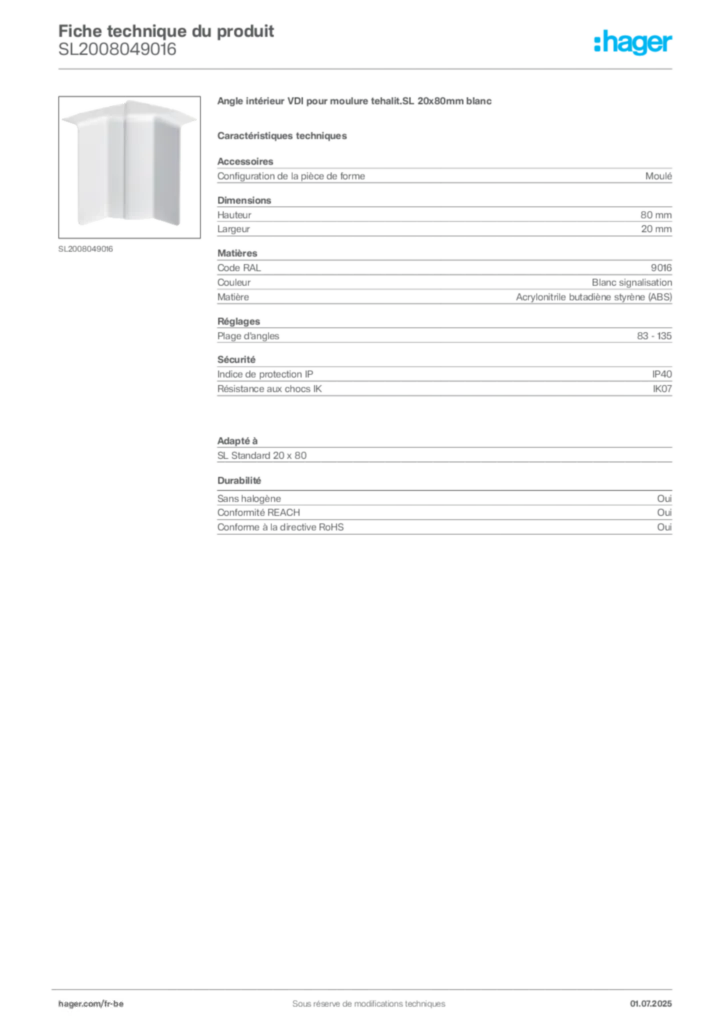 Image Hager Fiche technique du produit SL2008049016 | Hager Belgique