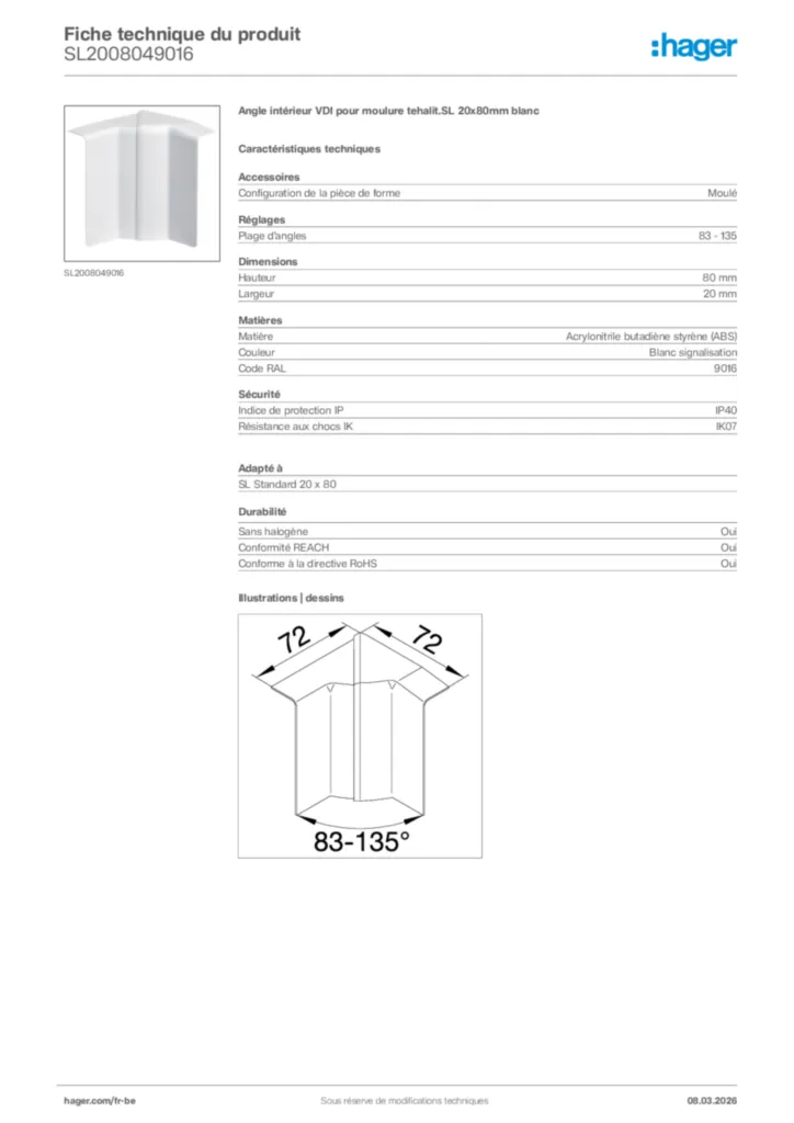 Image Hager Fiche technique du produit SL2008049016 | Hager Belgique