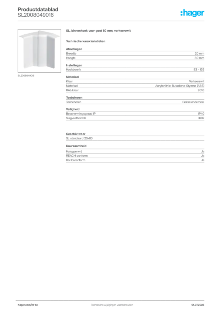Afbeelding Hager Productdatablad SL2008049016 | Hager Belgium