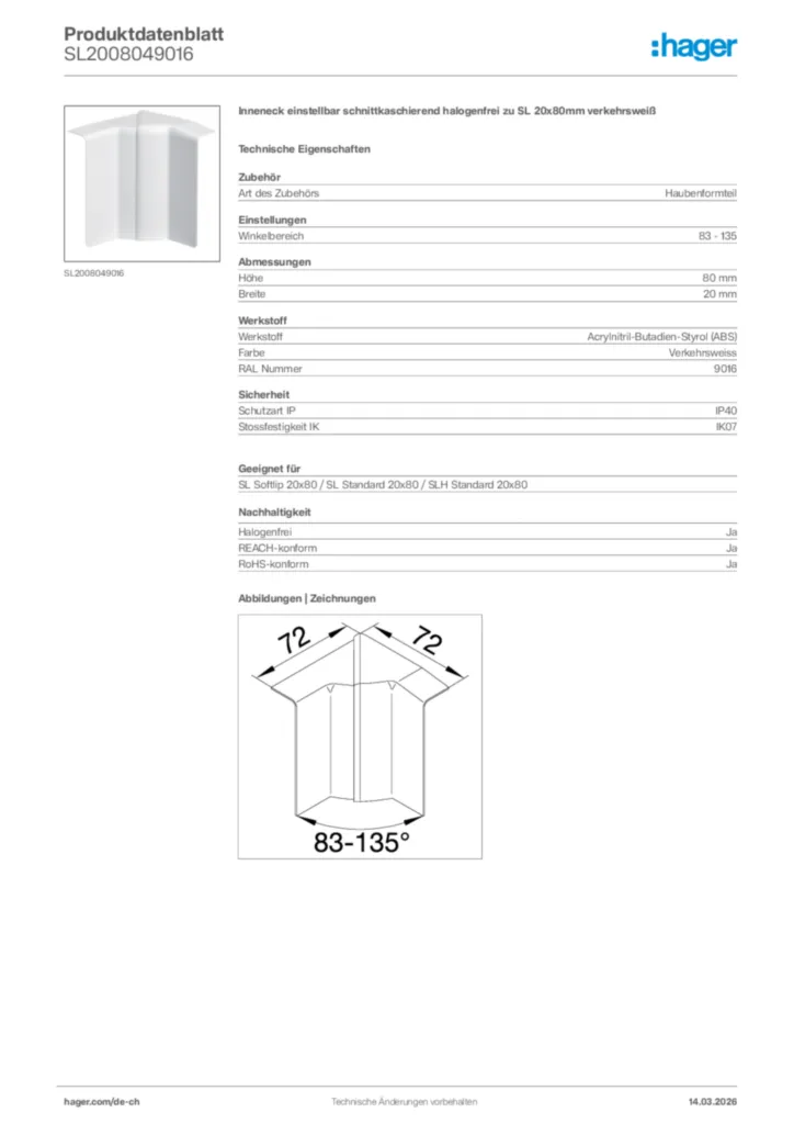 Bild Hager Produktdatenblatt SL2008049016 | Hager Schweiz