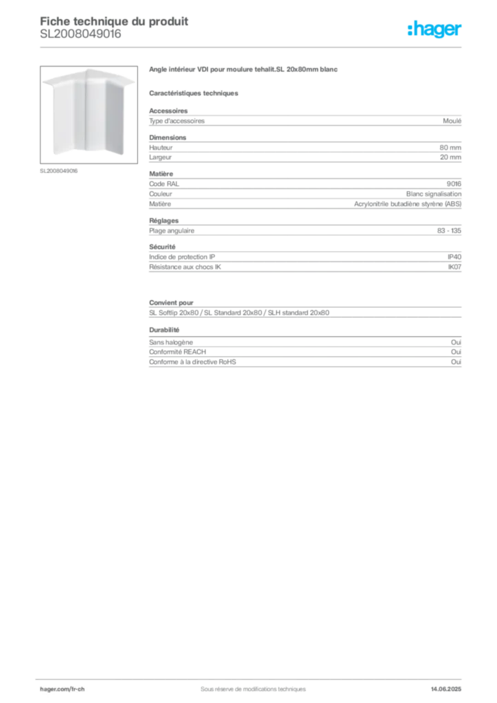 Image Hager Fiche technique du produit SL2008049016 | Hager Suisse