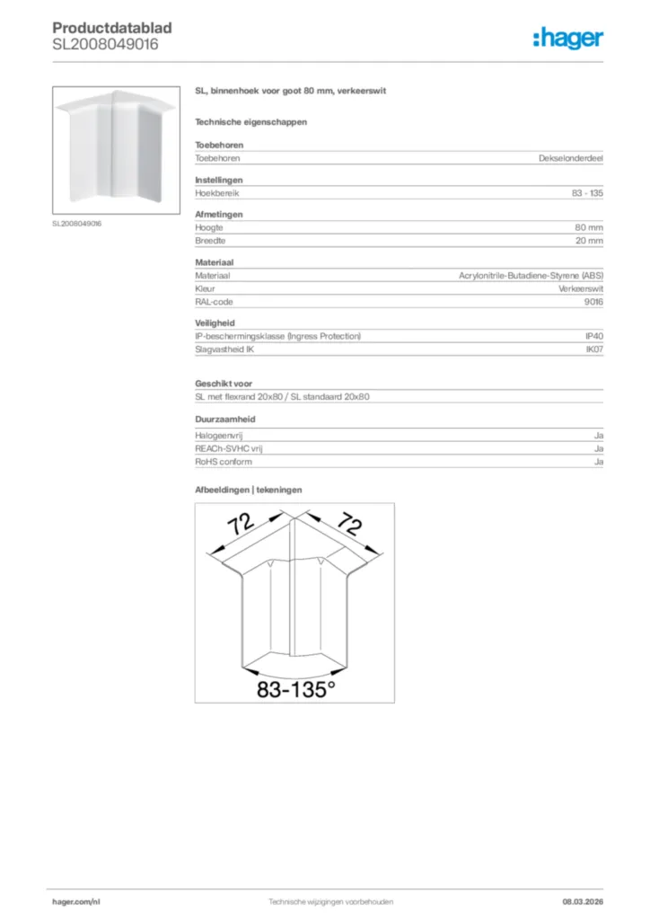 Afbeelding Hager Productdatablad SL2008049016 | Hager Nederland
