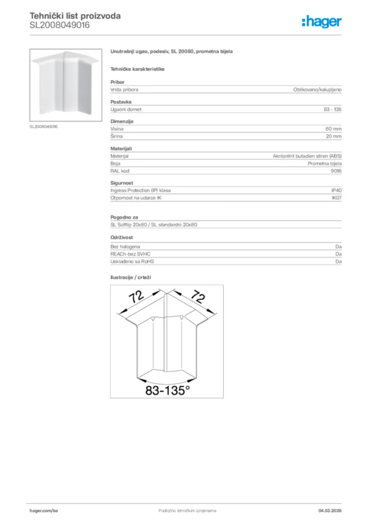 Slika Hager Tehnički list proizvoda SL2008049016  | Hager