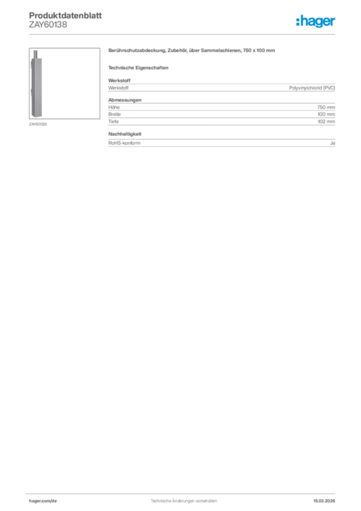 Bild Hager Produktdatenblatt ZAY60138 | Hager Deutschland