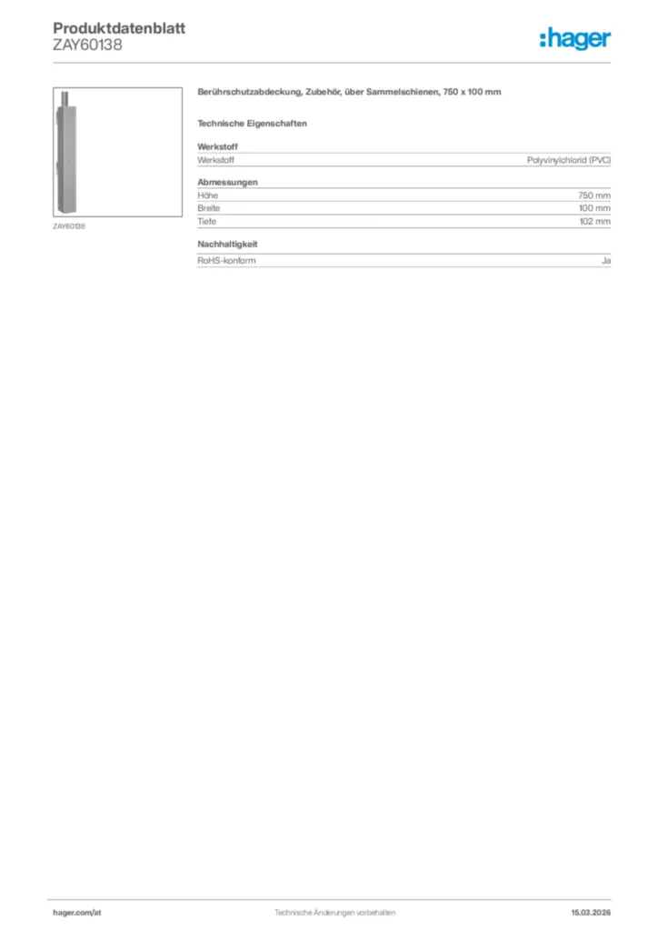Bild Hager Produktdatenblatt ZAY60138 | Hager Deutschland