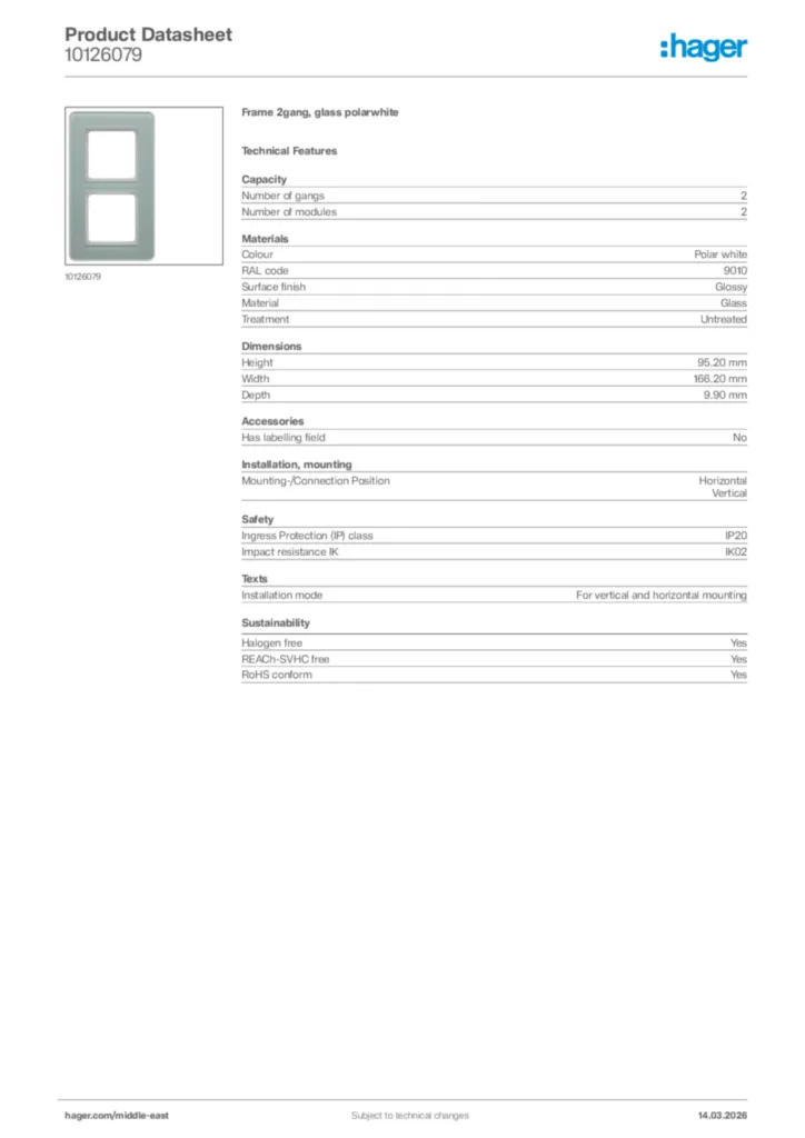 Image Hager Product data sheet 10126079  | Hager