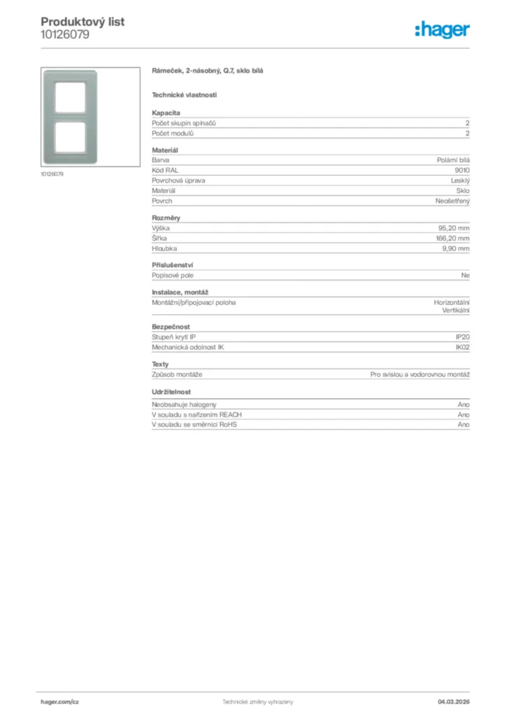 Obrázek Hager Product data sheet 10126079 | Hager