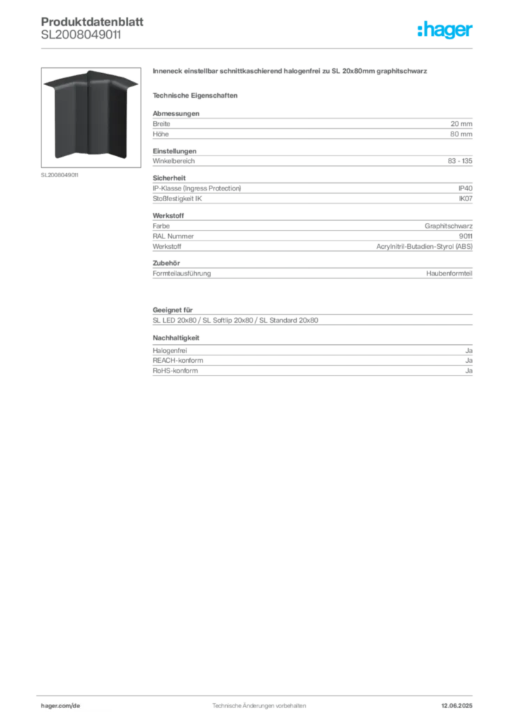 Bild Hager Produktdatenblatt SL2008049011 | Hager Deutschland