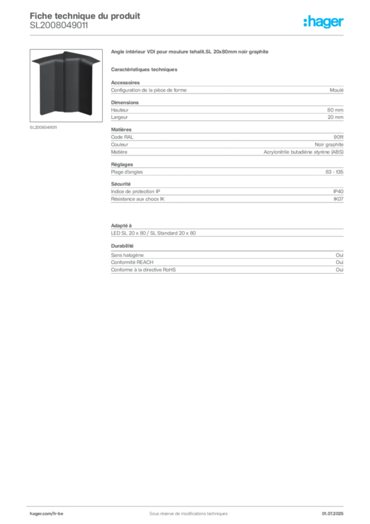 Image Hager Fiche technique du produit SL2008049011 | Hager Belgique