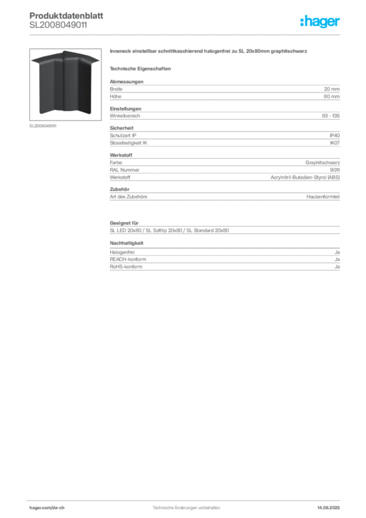 Bild Hager Produktdatenblatt SL2008049011 | Hager Schweiz