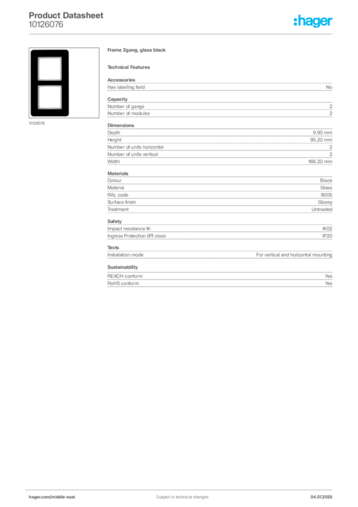 Image Hager Product data sheet 10126076  | Hager