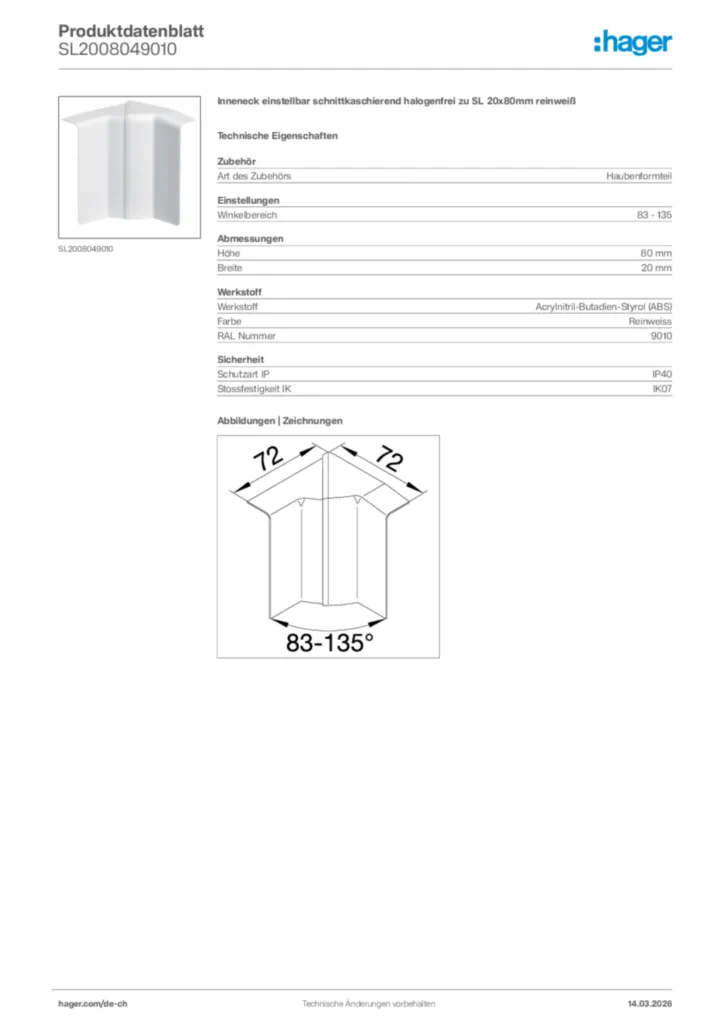 Bild Hager Produktdatenblatt SL2008049010 | Hager Schweiz