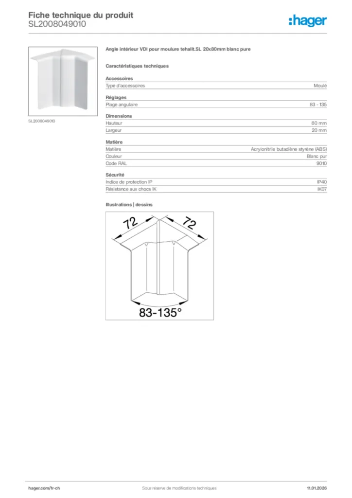 Image Hager Fiche technique du produit SL2008049010 | Hager Suisse