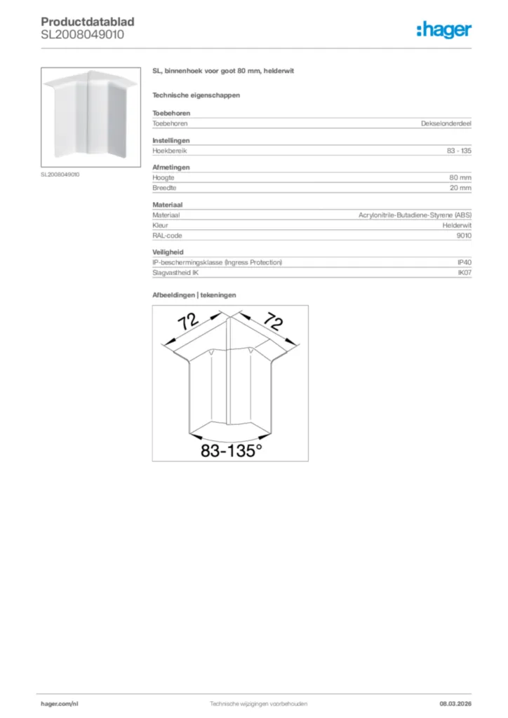 Afbeelding Hager Productdatablad SL2008049010 | Hager Nederland