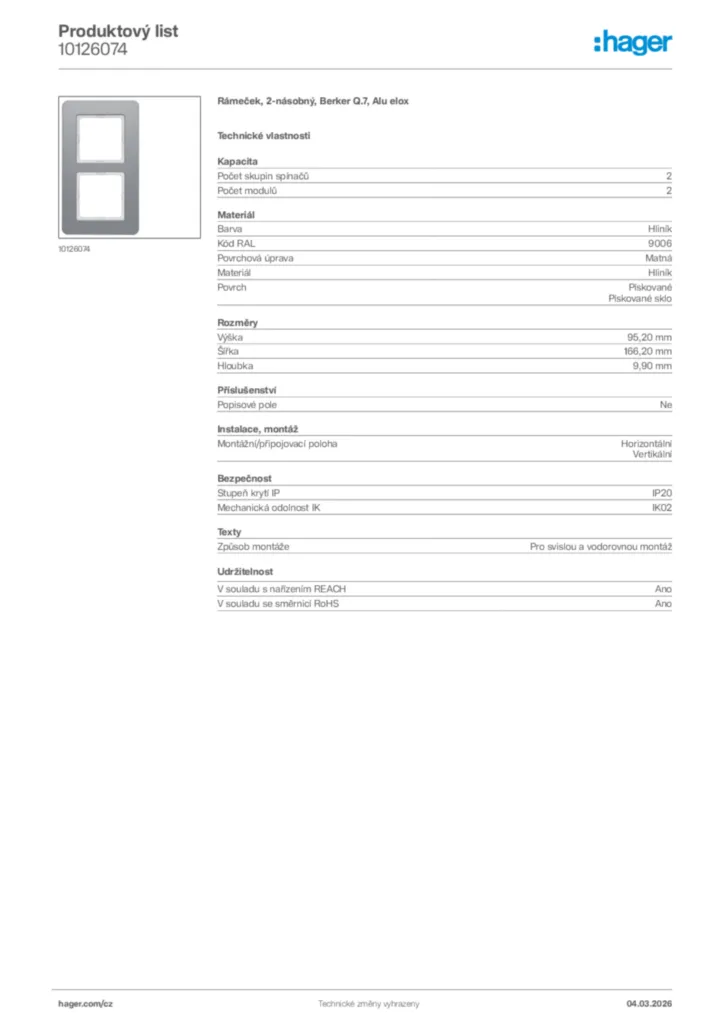 Obrázek Hager Product data sheet 10126074 | Hager