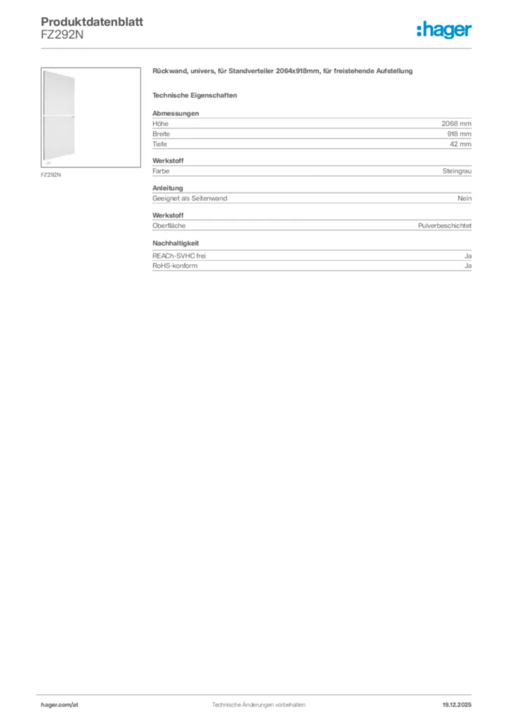 Bild Hager Produktdatenblatt FZ292N | Hager Deutschland