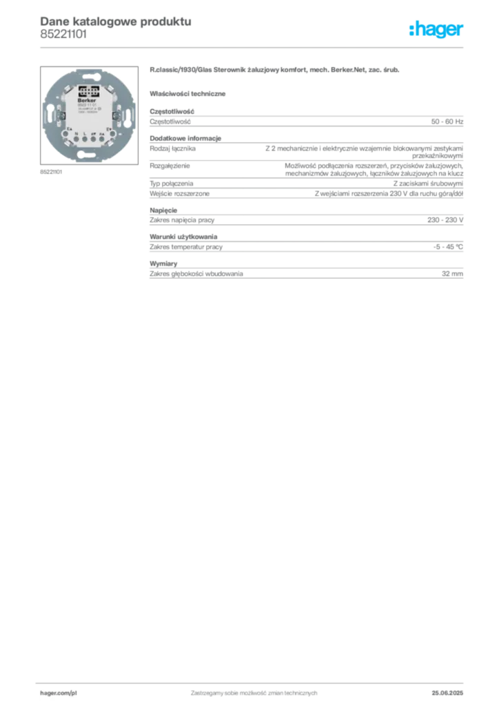 Zdjęcie Hager Karta katalogowa 85221101 | Hager Polska