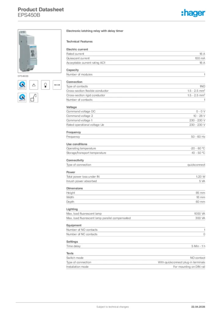 Image Hager Product data sheet EPS450B  | Hager Africa