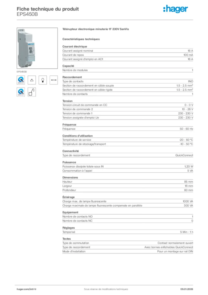 Image Hager Fiche technique du produit EPS450B | Hager Afrique