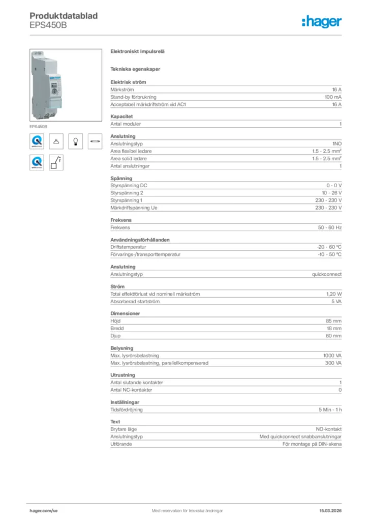 Bild Hager Produktdatablad EPS450B | Hager Sverige