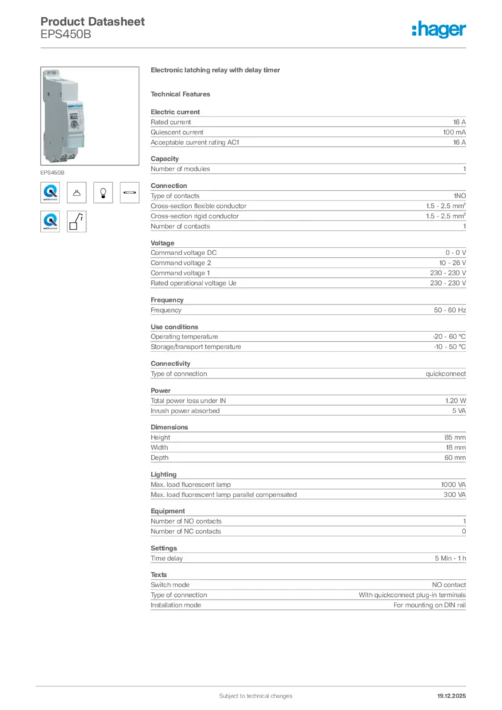 Image Hager Product data sheet EPS450B  | Hager Africa