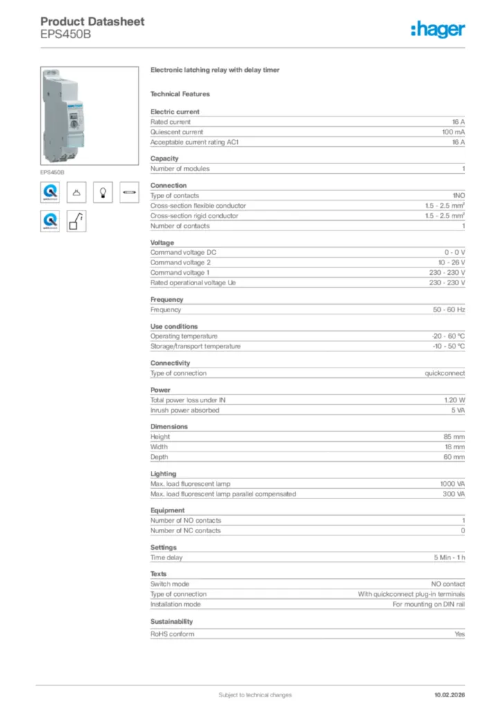 Image Hager Product data sheet EPS450B  | Hager Africa